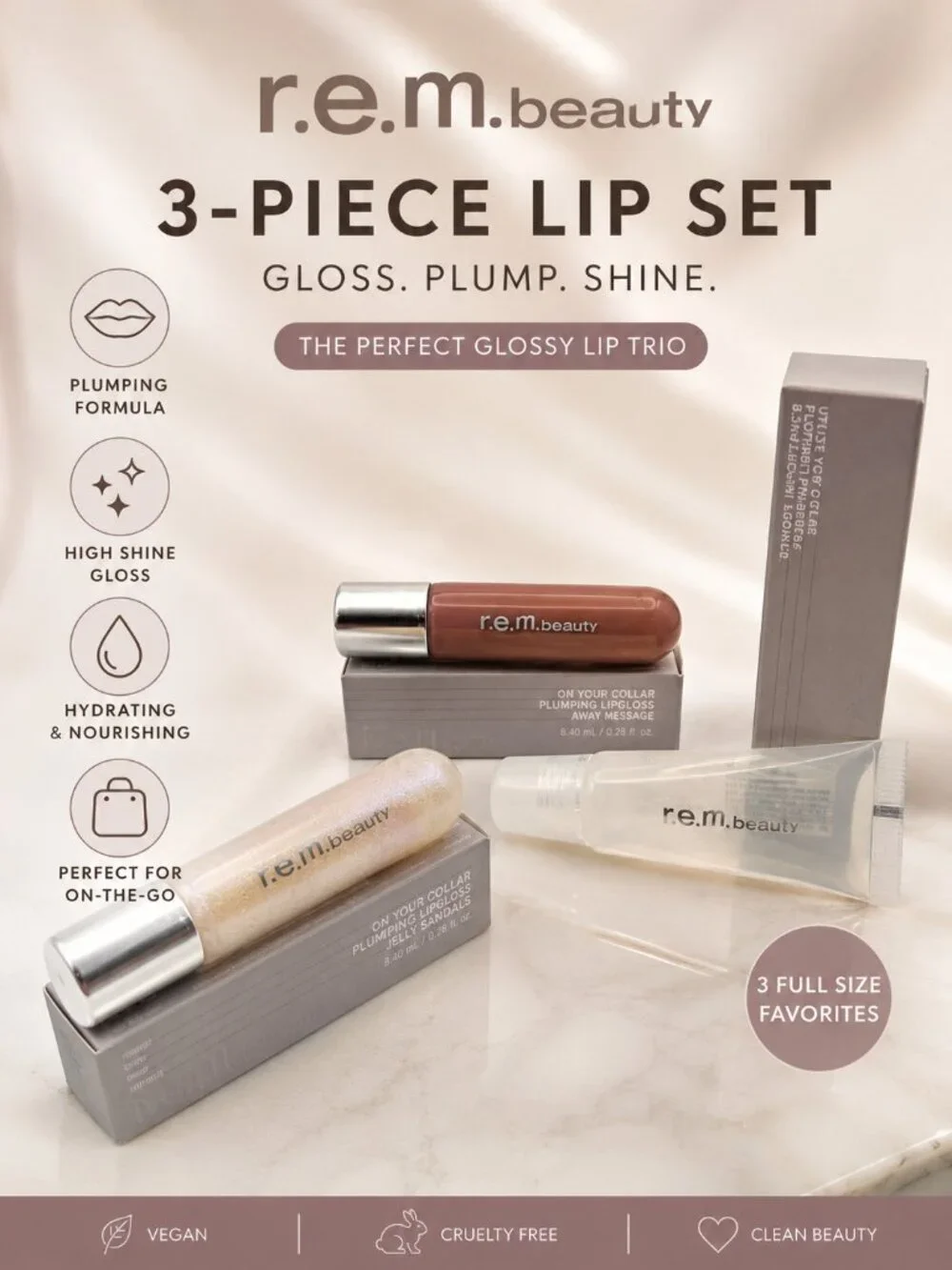 r.e.m. beauty 3-Pc Plumping Lip Gloss Set Jelly Sandals Away Message Clear